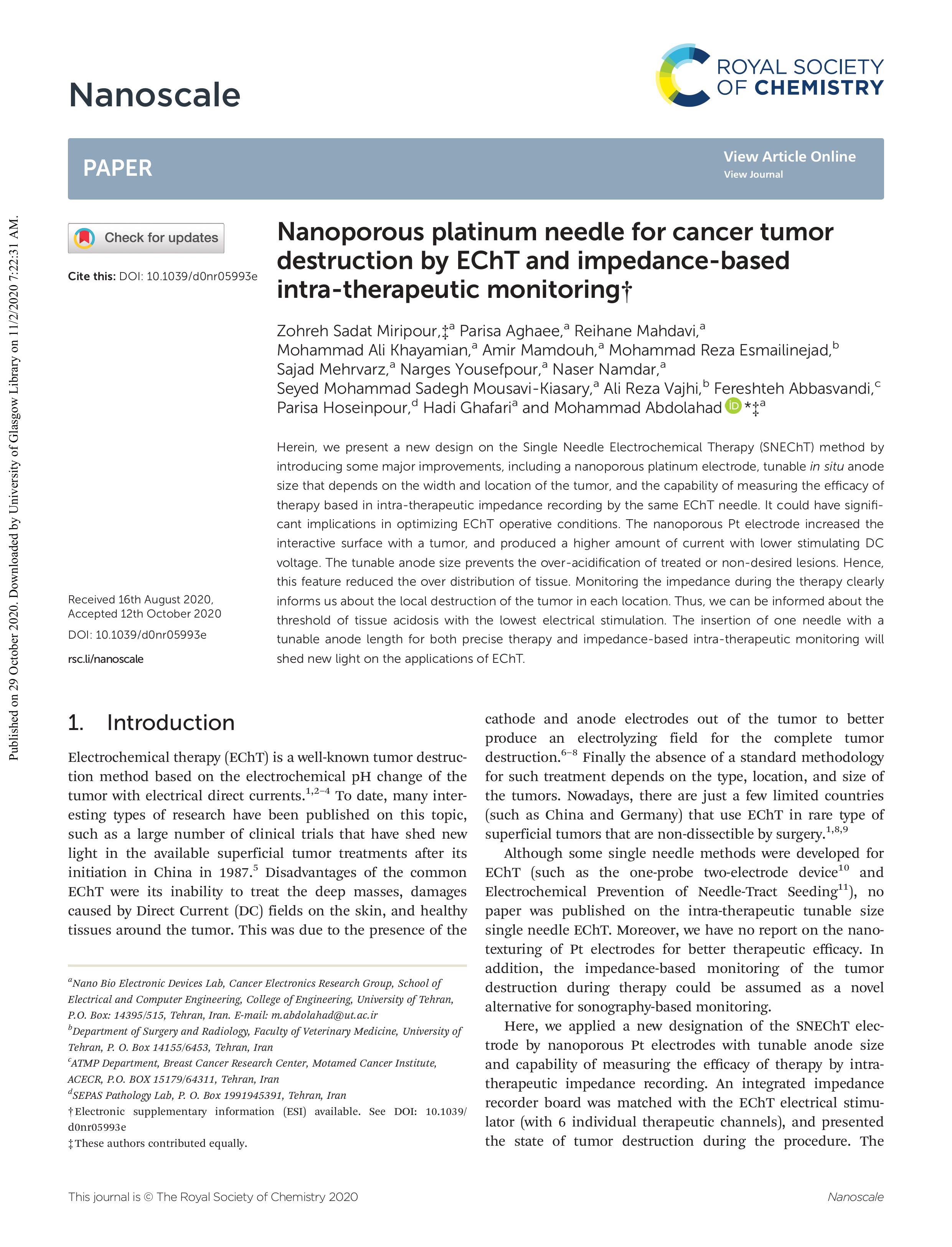 Nanoporous platinum needle for cancer tumor destruction by EChT and impedance-based intra-therapeutic monitoring