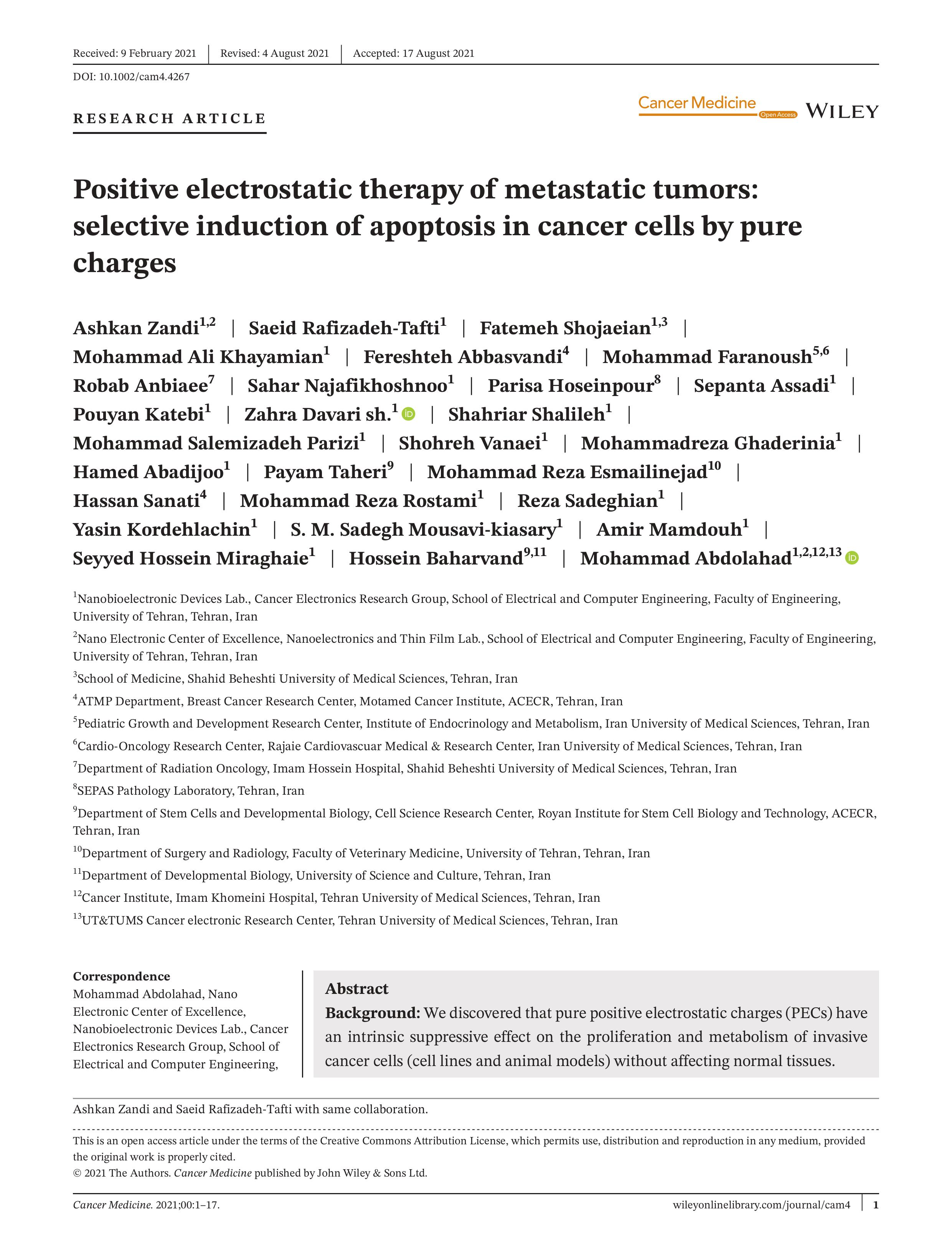 Positive electrostatic therapy of metastatic tumors: selective induction of apoptosis cancer cells by pure charges