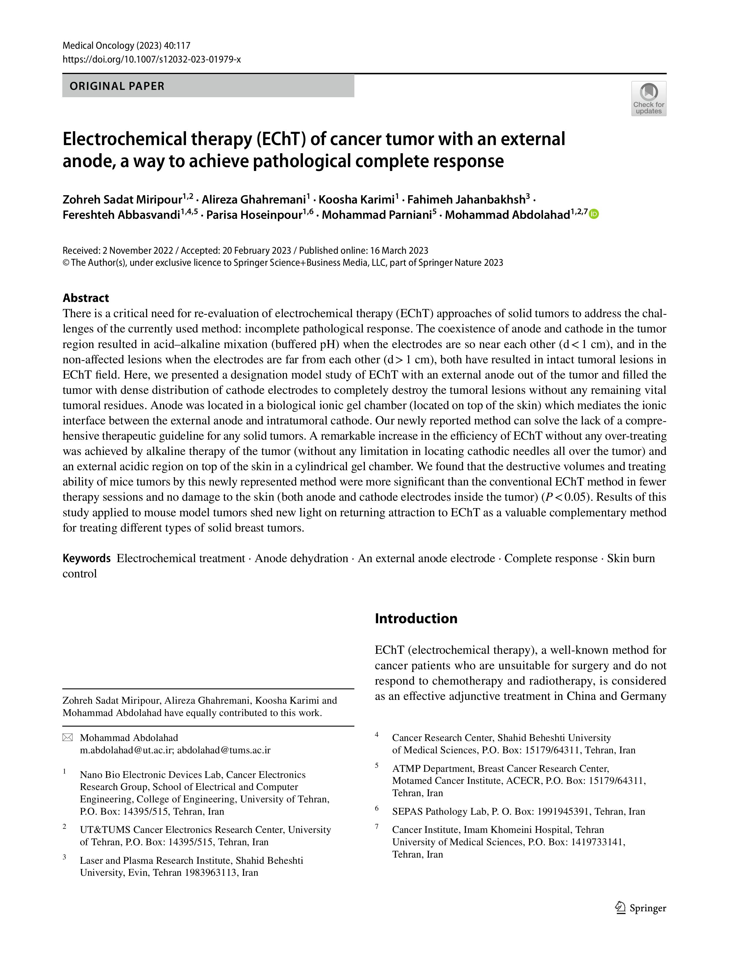 Electrochemical therapy (EChT) of cancer tumor with an external anode, a way to achieve pathological complete response
