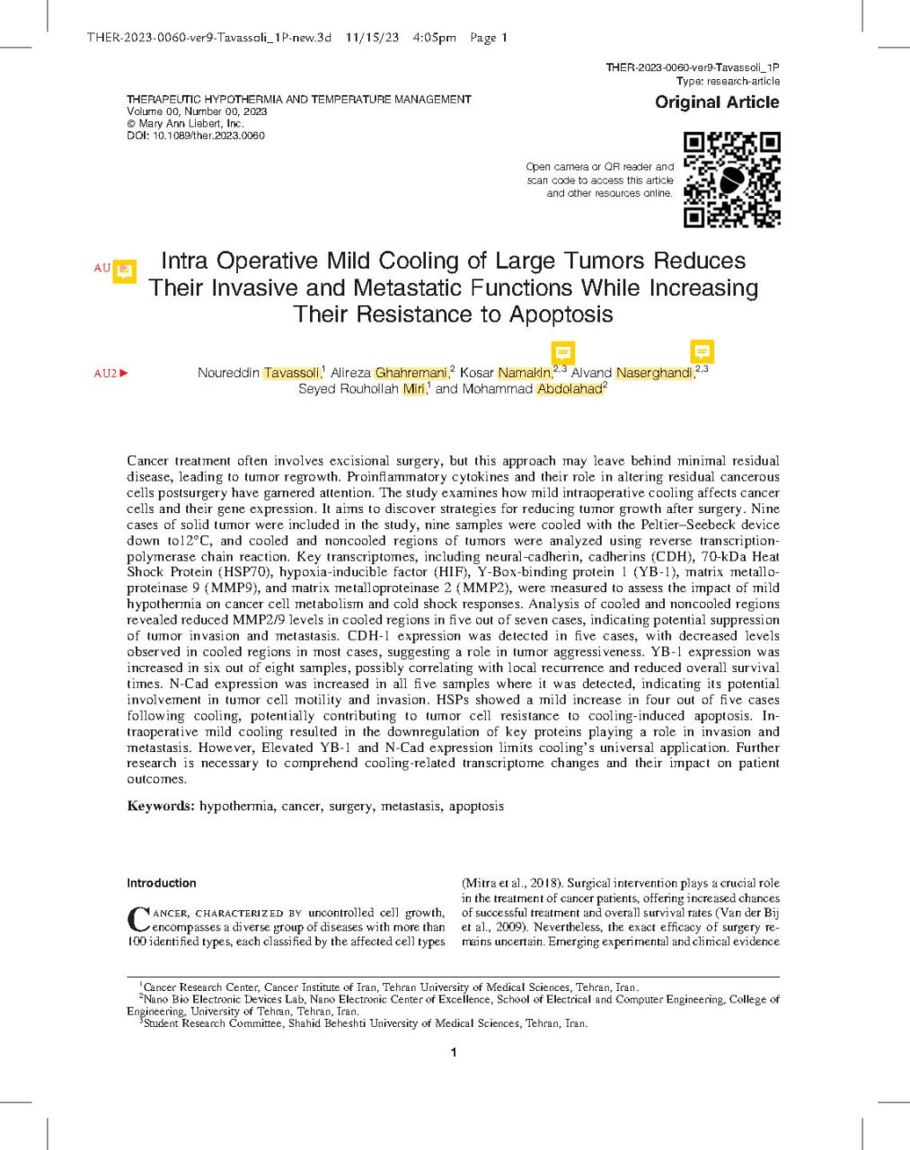 Intra Operative Mild Cooling of Large Tumors Reduces Their Invasive and Metastatic Functions While Increasing Their Resistance to Apoptosis